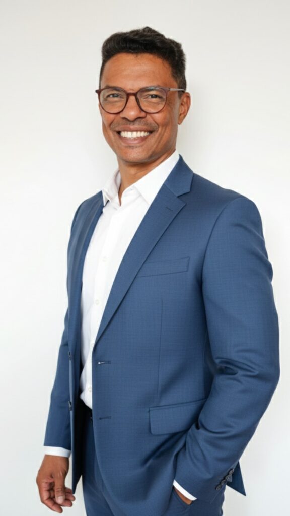 home, negro, sorrindo de oculos com terno azul